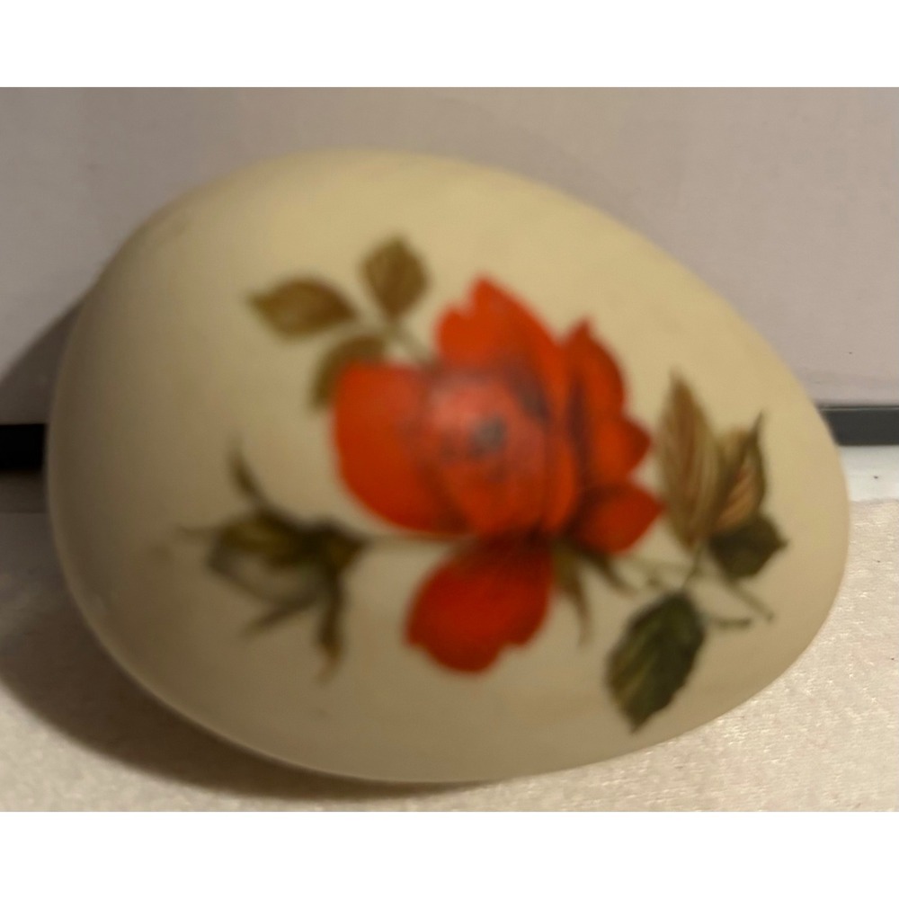 Vintage Custard Uranium Glass Egg Paperweight Red Rose Floral Glows Green UV